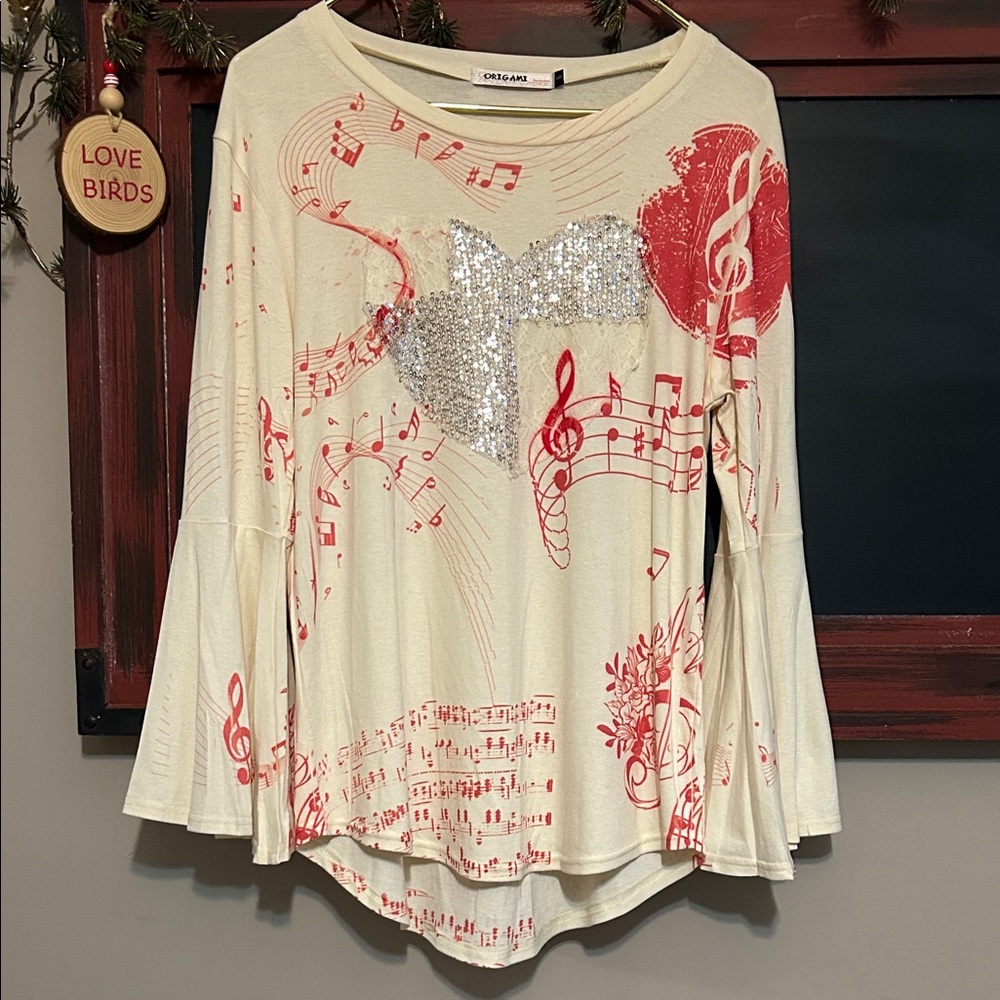 Cream and Red Musical Note Long Sleeve Top with Silver Accents